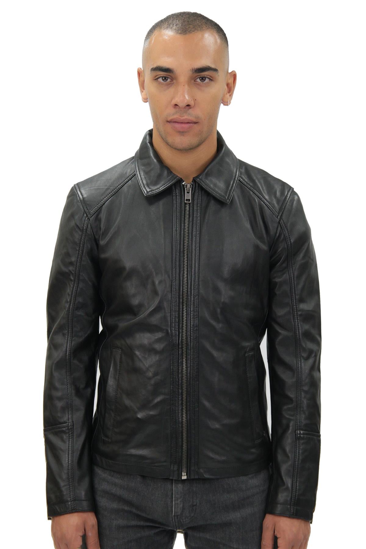 Mens Classic Harrington Leather Jacket-Southsea - Image 10
